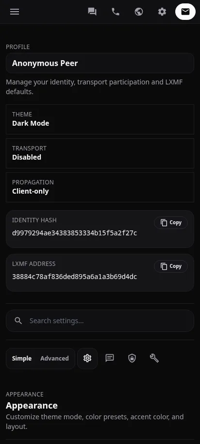 Screenshots Mobile settings